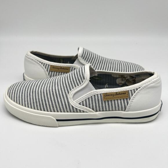 Tommy Bahama Women’s 6 Canvas Shoes Sneaker White Navy Striped Boat Slip On - Picture 3 of 7